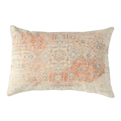 Cotton lumbar pillow with muted colors of blues, grays, tans, and corals.