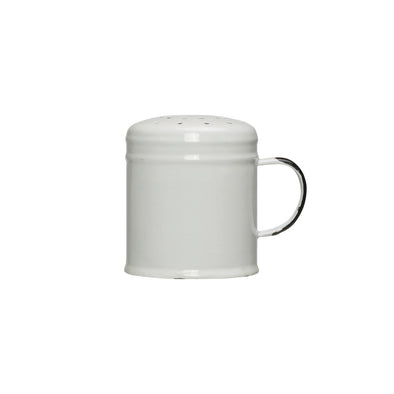  Large powdered sugar shaker with glossy white enamel and large handle on a white background.