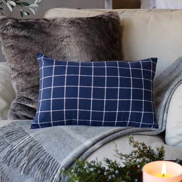 Navy Windowpane & Linen Throw with Pillow Insert
