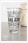 Pint Glass featuring Ann Arbor, Michigan with highlights from the town in black screen print
