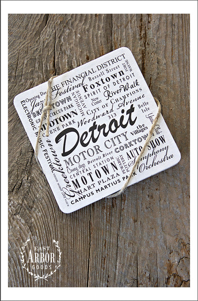Set of drink coasters shown featuring Detroit, Michigan. Each set comes with 6 thick cardstock coasters with black screen print. 