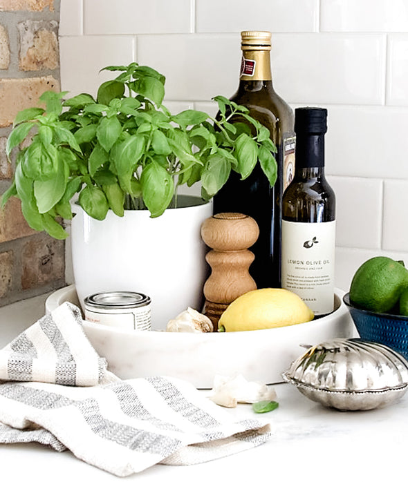 White and gray marble tray on a kitchen countertop. Tray holding a basil plant, oils, dried herbs, garlic bulb, and a lemon. 