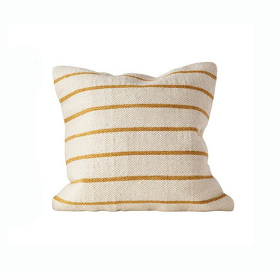 Large cream colored wool woven pillow with thin gold stripes on a white background. 
