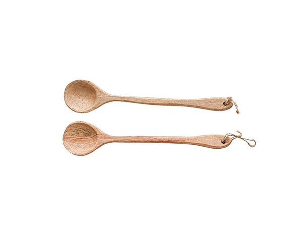 Two long armed wooden stirring spoons with small leather straps. 
