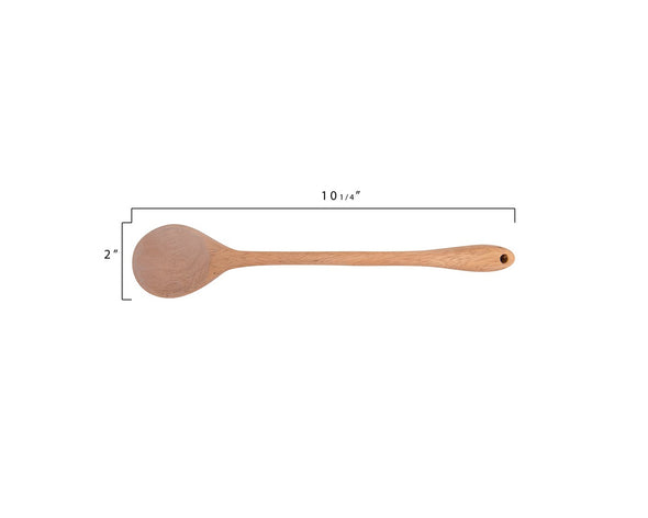 One long armed wooden spoon with measurements showing that the spoon width is two inches, and length of spoon and handle is ten and a quarter inches.