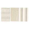 Three cream cotton kitchen towels laid out to show the different woven stripped patterns. The towels are on a white background. 