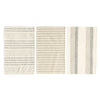 Three cream cotton kitchen towels laid out to show the different woven stripped patterns. The towels are on a white background. 