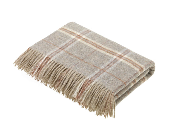 Folded wool blanket throw with light gray, tan, rust, and cream colors on a white background. Edges of blanket has tassels in the same colors. 